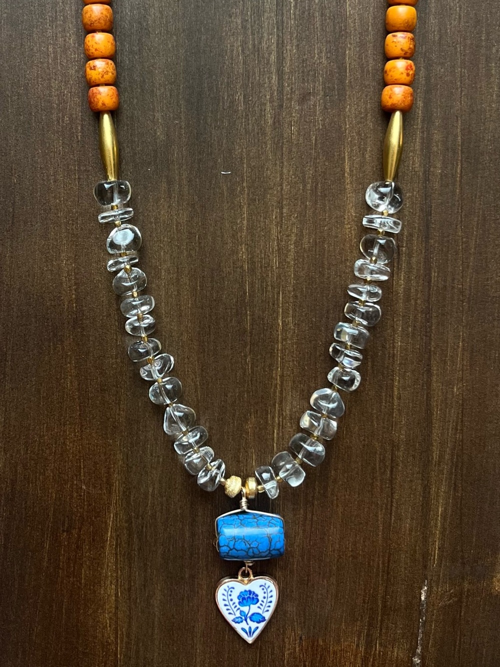 Boho Blue Heart Pendant Necklace with quartz Beads